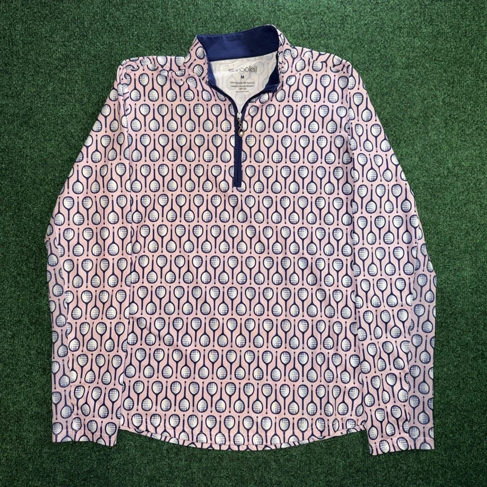 SanSoleil 1/4 Zip Top Women's Size Medium UPF 50 Pink and Navy Racket Print